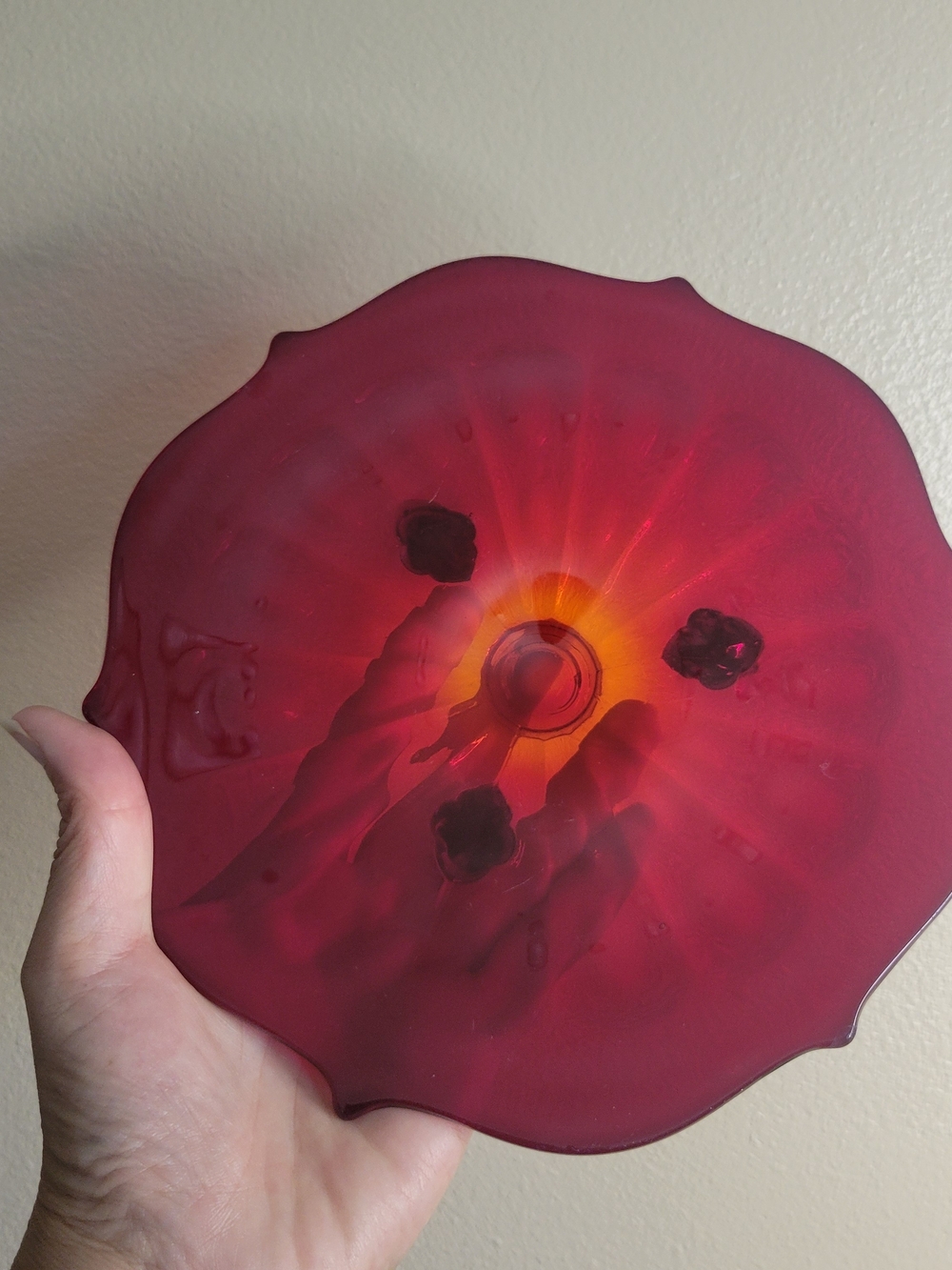 Vintage Mid-Century Style Ruby Red Amberina Glass 3-Footed Console Plate / Bowl